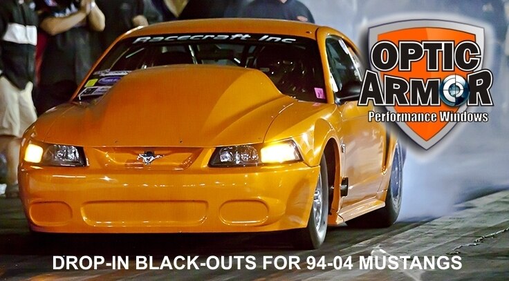 Mustang 1994 to 2004 Formed Windshield 3/16 in Thick. Lite tint - Optic Armor Coat - Drop-In Black-Out.