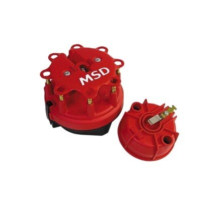 Cap and Rotor Kit, Cap-A-Dapts, HEI Style, Brass Terminals, Clamp Down, Red, Vented, Small Diameter MSD Distributors, V8, Kit